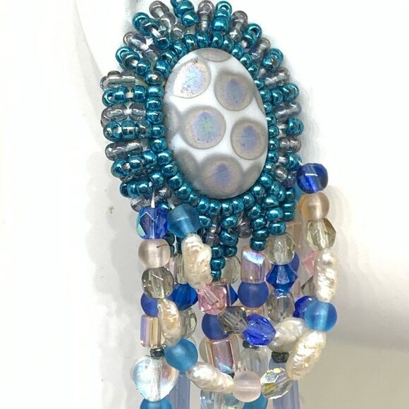 Blue pink ab iridescent festoon chandelier hand beaded large pierced earrings - Picture 9 of 12